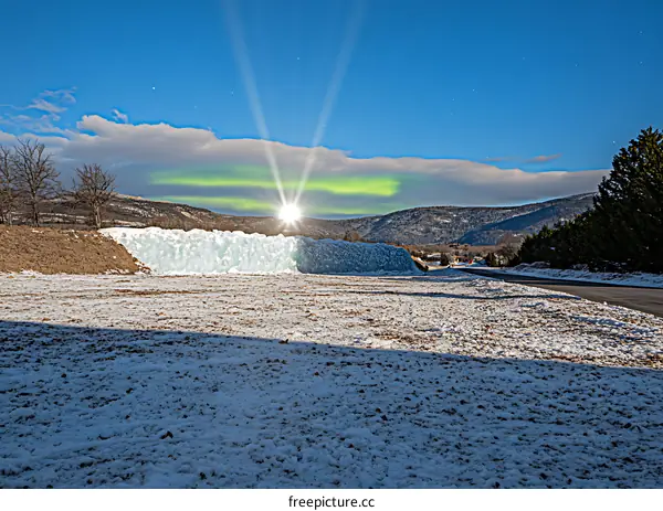 Stunning View Of A Frozen Lake With The Northern Lights In The Sky