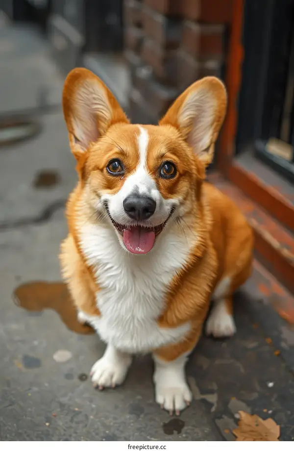 A happy corgi dog sits on the wet ground outside a building