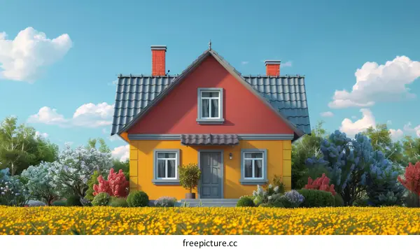 Small house with yellow walls and a grey roof