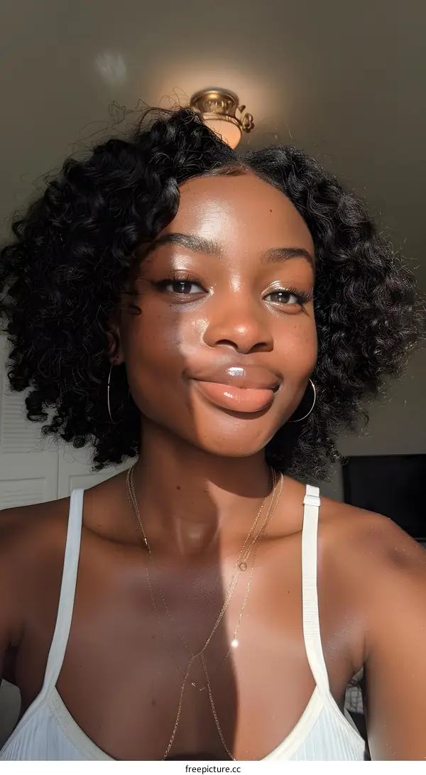 Woman with curly hair and gold necklace