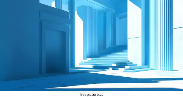Blue Minimalist Architectural Structure with Staircase and Pillars