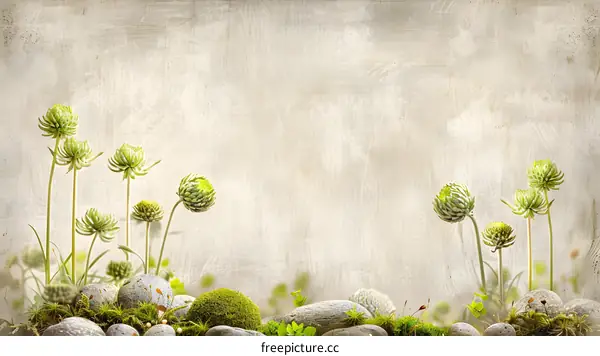 Green Flowers and Stones on a Light Beige Background