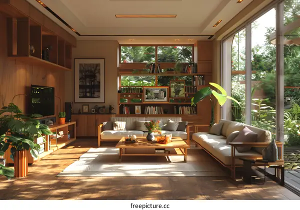 Modern living room interior with wooden furniture