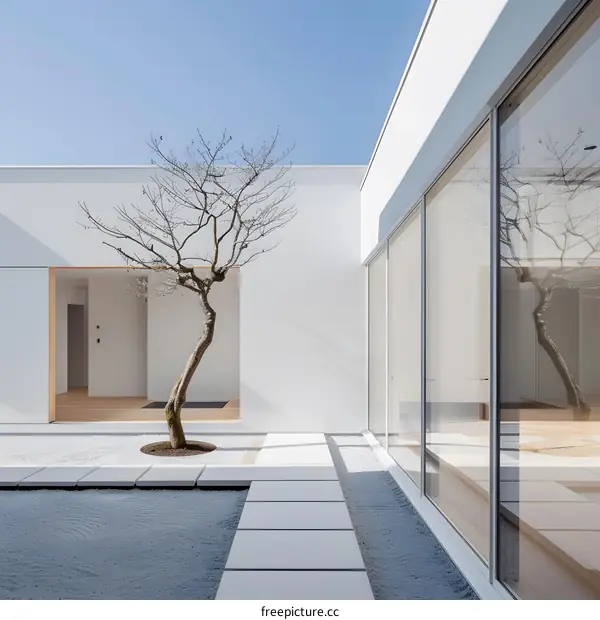 Minimalist Japanese Garden Courtyard with Tree and White Walls