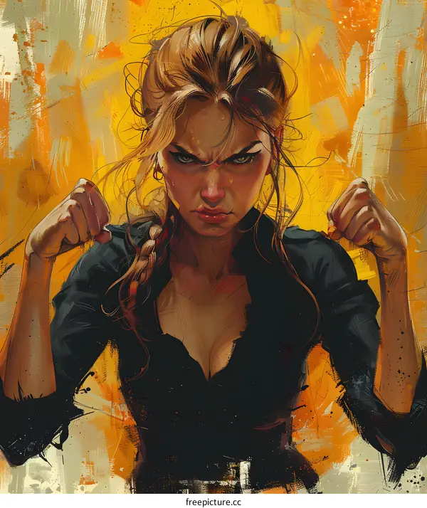 Woman With Angry Face In A Black Blouse And Fists Up