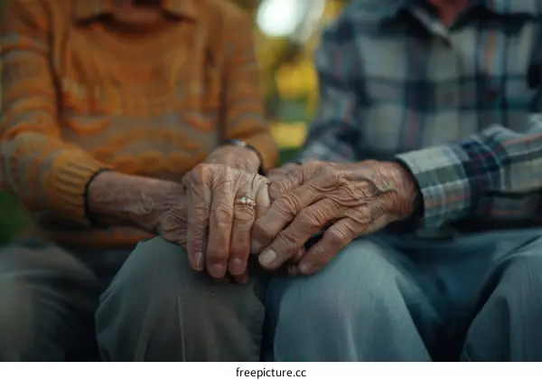 wrinkled hands of an elderly couple
