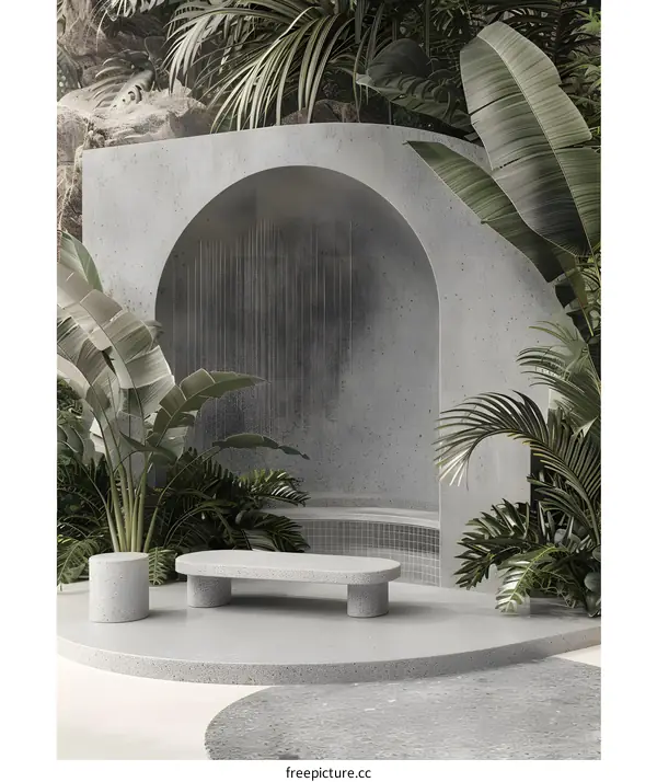 Stone Archway With Waterfall and Lush Greenery