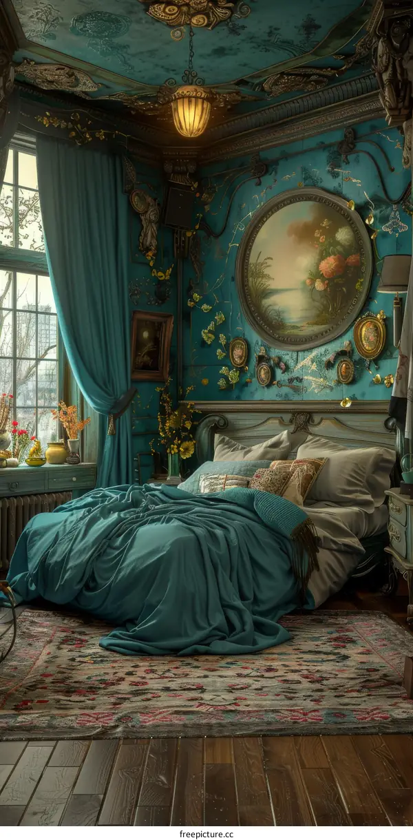 Vintage Teal Bedroom Interior Design Illustration