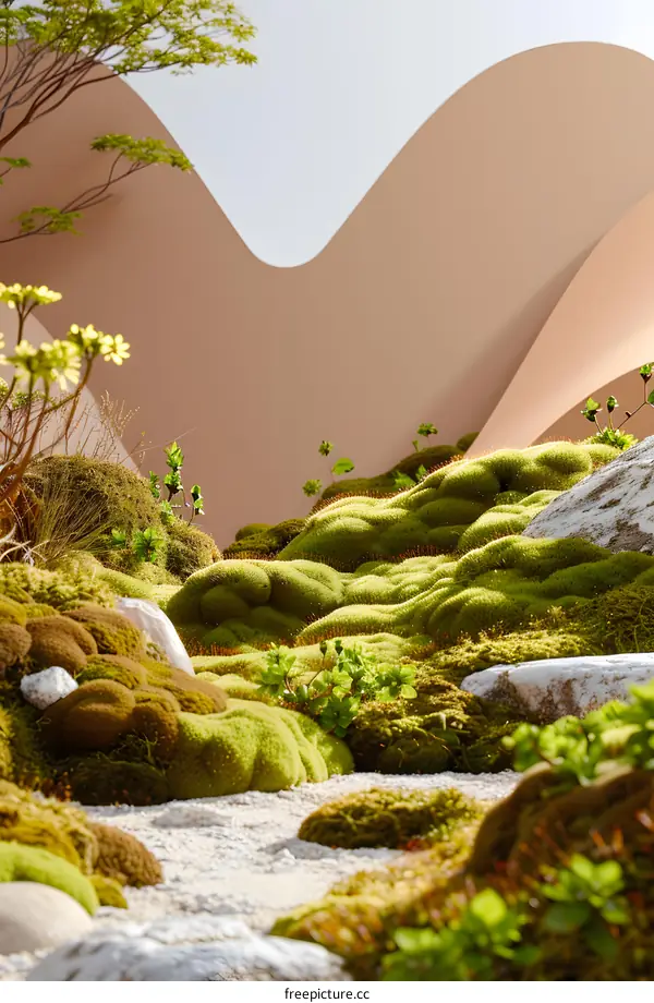 Green Moss Landscape with Abstract White Walls