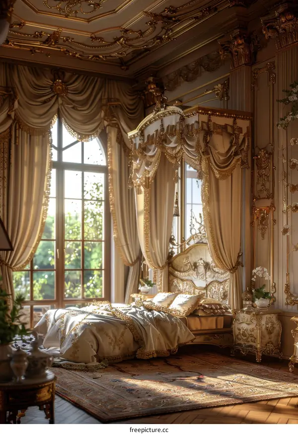 Elegant Gold and White Bedroom Interior Design With Canopy Bed