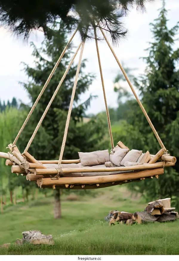 Wooden Swing Bed Hanging From Tree Branch In Green Garden