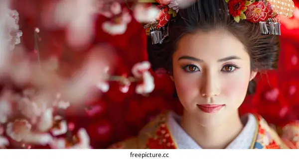 Portrait of a beautiful Japanese woman in traditional kimono with red and white plum blossoms