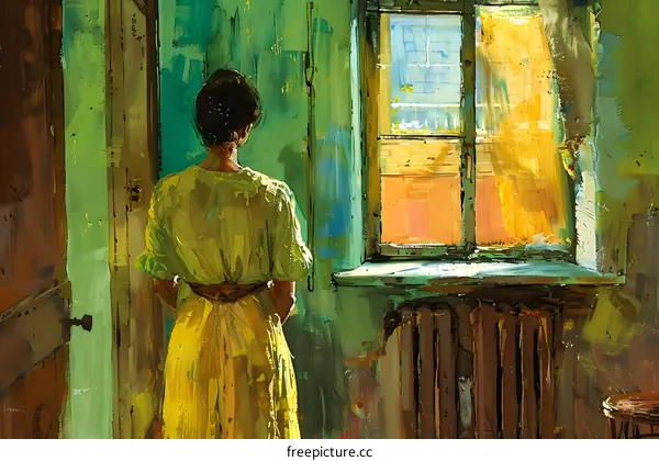 A woman standing in front of a window