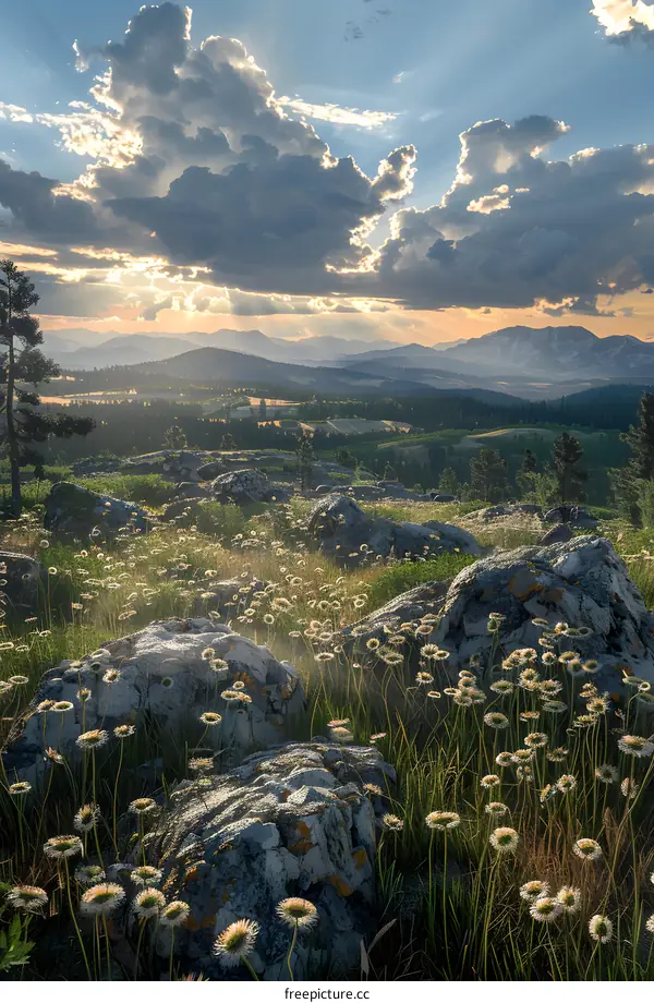 Mountain Landscape with Sunlight Through Clouds and Wildflowers