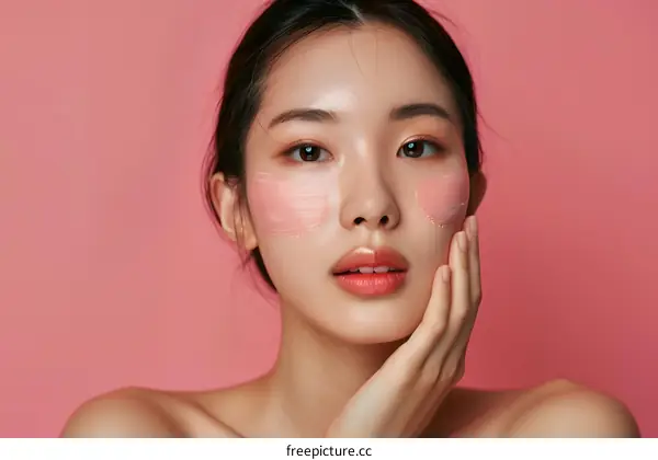 Asian Woman with Makeup on Pink Background