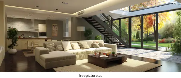 Modern Open-Plan Living Room with Garden View