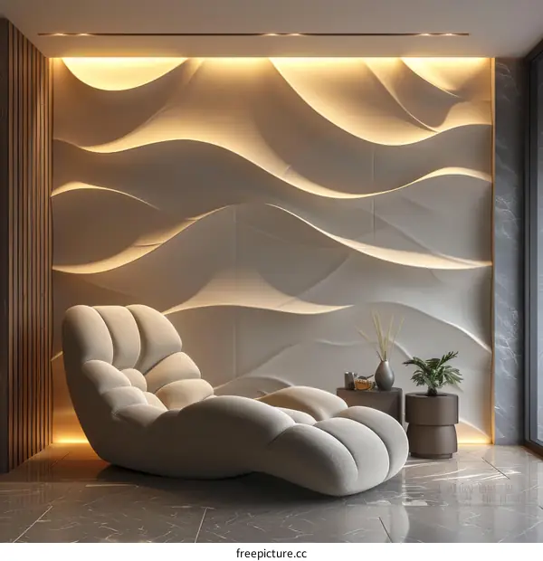 Modern Interior Design With White Sofa And Wavy Wall