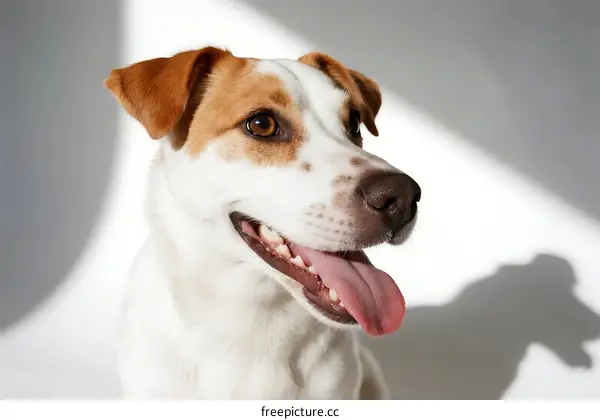 A happy white and brown dog with tongue out