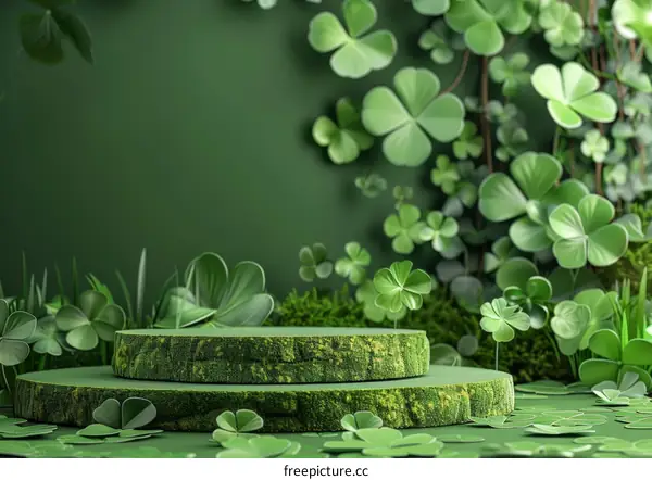 Green St Patrick's Day background with clovers and podium