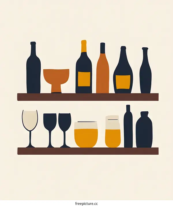 Minimalist Illustration of Wine Bottles and Glasses on a Shelf