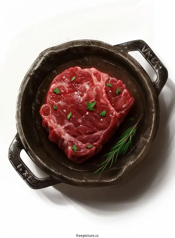 Raw steak in a frying pan