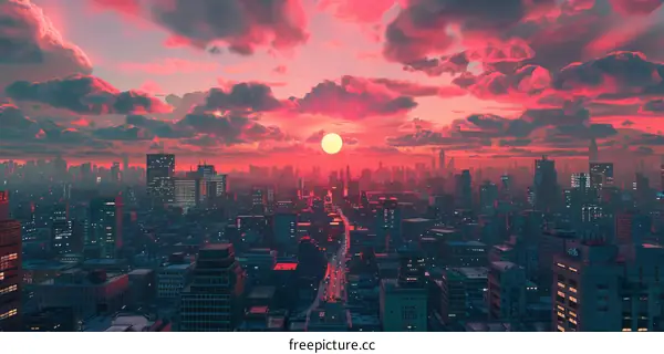 Sunset over a Futuristic Cityscape