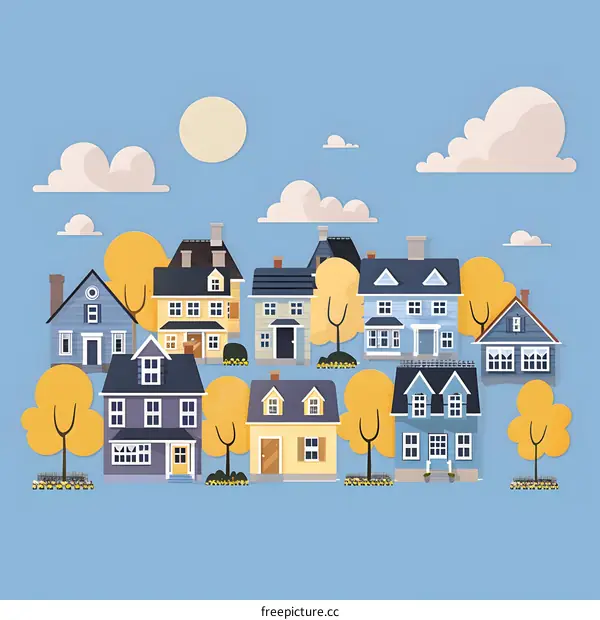 Illustration of a Small Town with Houses and Trees