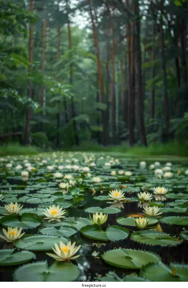 White Water Lilies in a Forest Pond