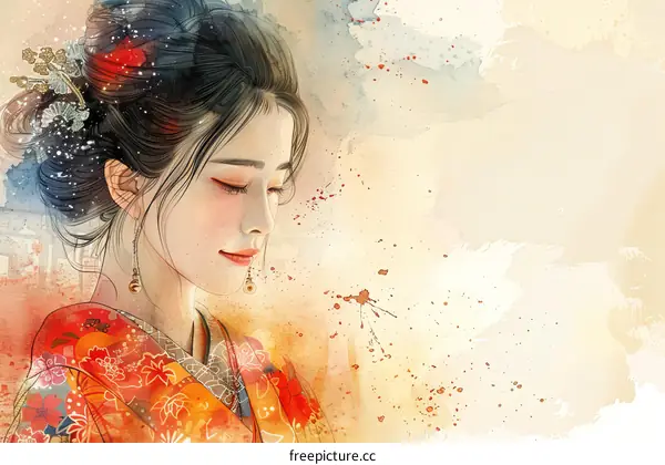 An illustration of a beautiful Asian woman in a kimono with a traditional hairstyle and makeup.