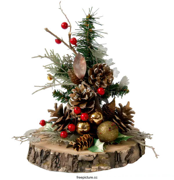 [Transparent Background PNG]Christmas Decoration with Pine Cones and Berries on a Wooden Slice