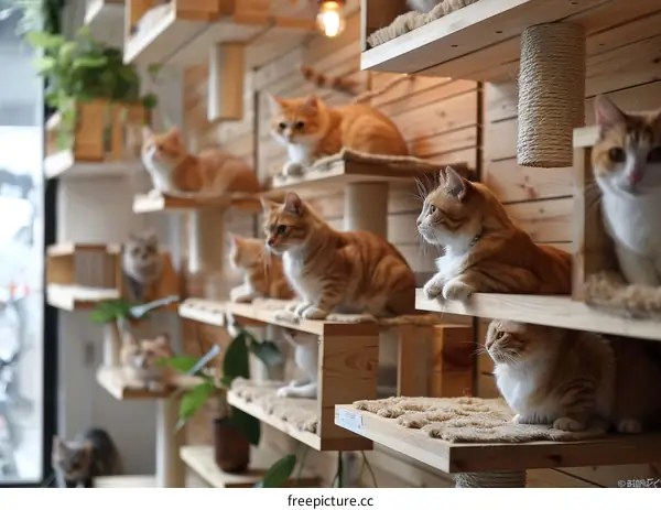 Ginger Cats Sitting on Shelves in a Cat Cafe