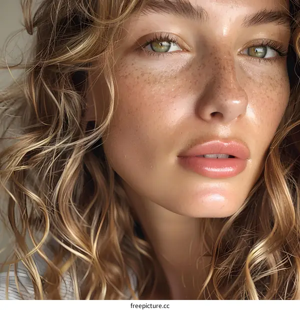 Close Up Portrait of a Woman with Freckles and Curly Hair