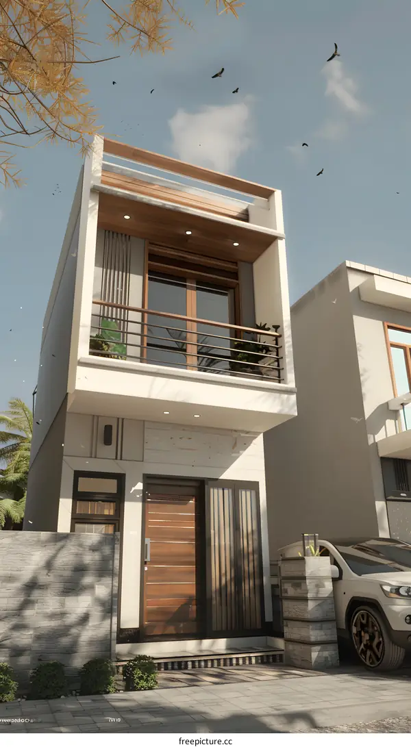 Modern Minimalist House Design with Balcony and Wooden Door