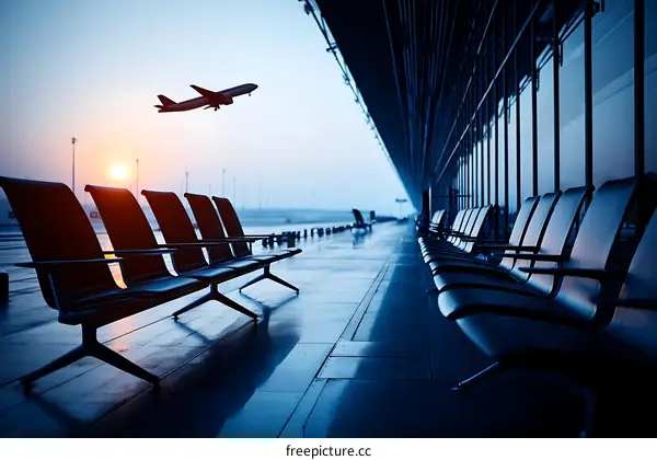 Empty Airport Waiting Area at Sunrise with Airplane in the Sky