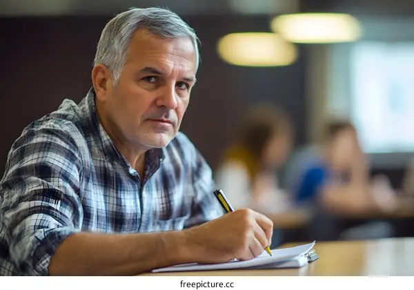 Serious Mature Man Writing in Notebook