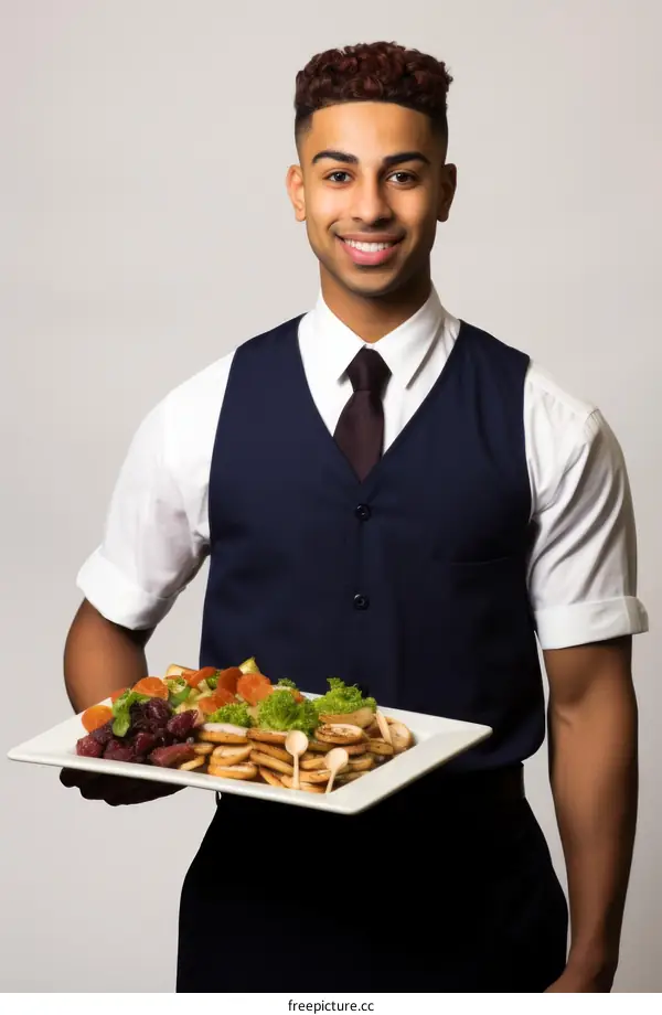 Catering waiter holding plate of appetizers