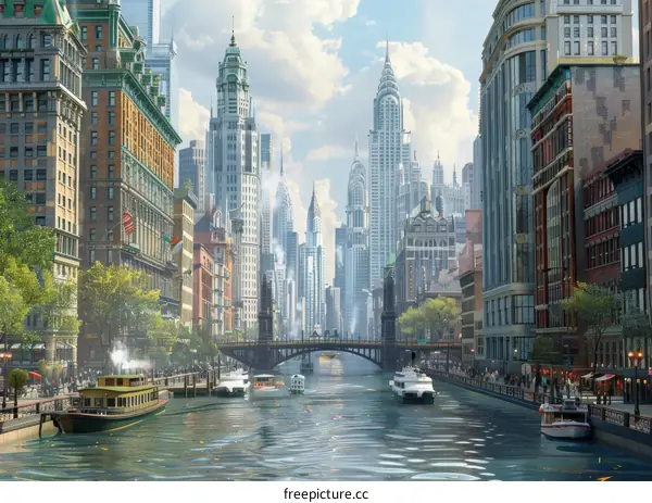 Futuristic Cityscape along Canal with Diverse People