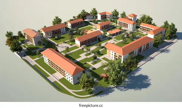 Aerial View of a Residential Complex with Red Roofs