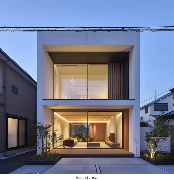 Modern White House with Large Glass Windows and Wooden Deck