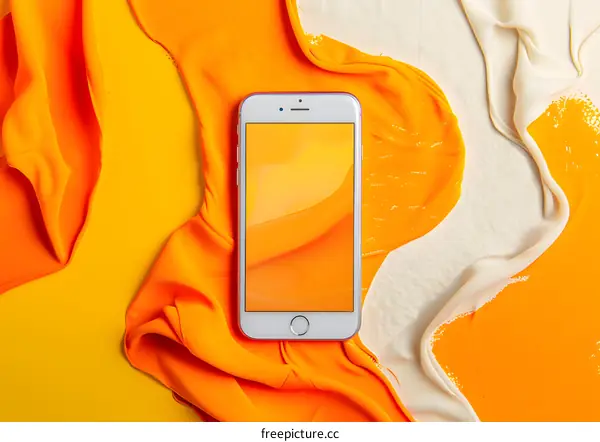 White Smartphone on Yellow and White Fabric Background
