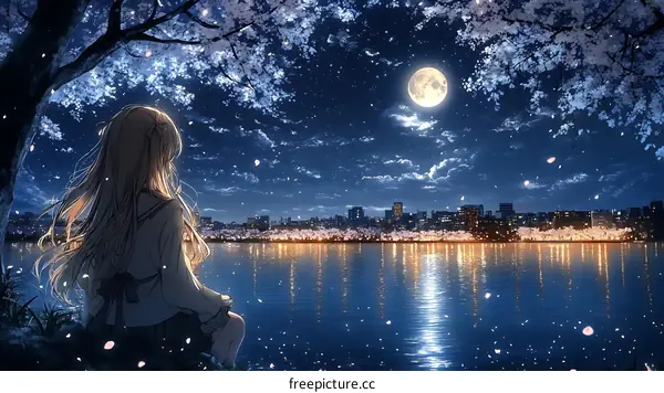 Lonely Girl Watching the Night Cityscape under the Full Moon