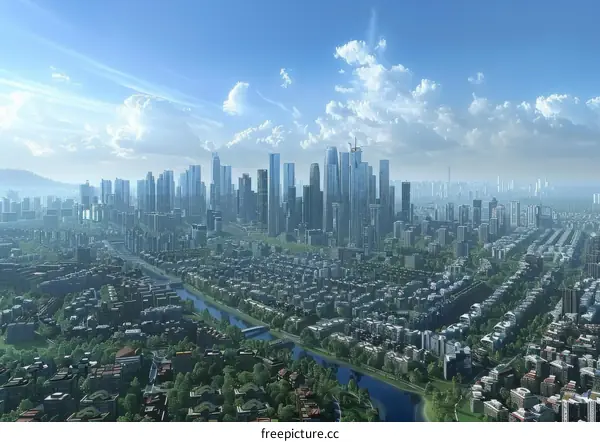A modern city's cityscape with skyscrapers, parks, and a river
