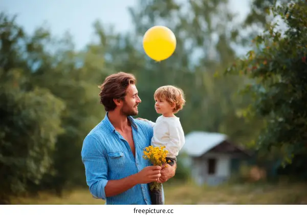 Father and Son Outdoors with Yellow Balloon