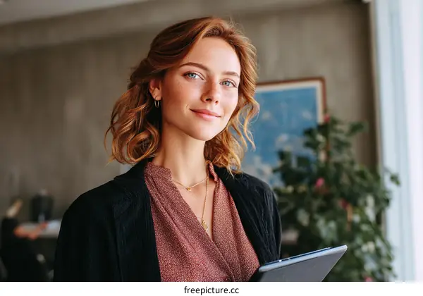 Confident Woman Holding Tablet Indoor Portrait