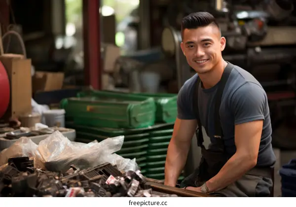 Portrait of a young Asian man working in a machine shop