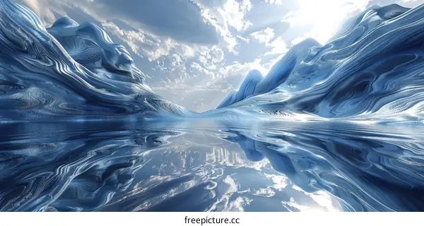 Abstract Blue and White Mountain Landscape Painting With Glacier Lake