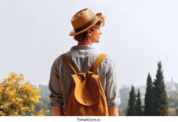 Tourist with a Backpack Views the Landscape