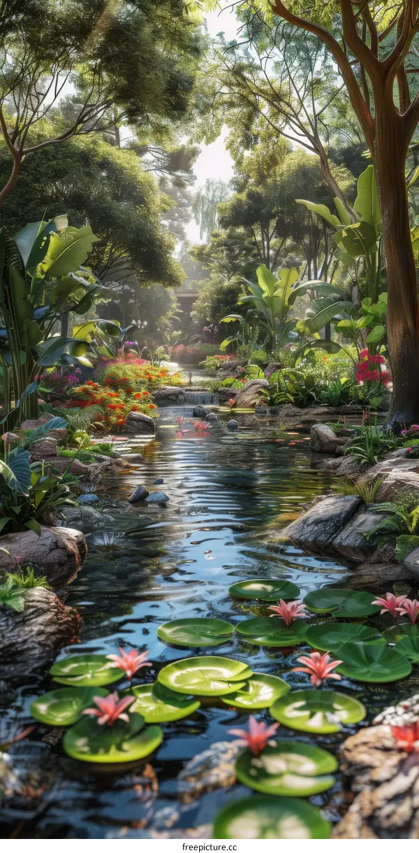 Serene Tropical Rainforest Landscape with Waterfall