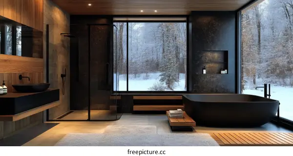 Modern Winter Cabin Bathroom with Panoramic Views