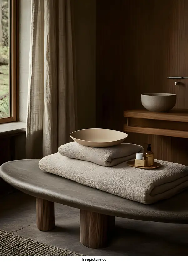 Minimalist Bathroom Interior with Towels and Wooden Table